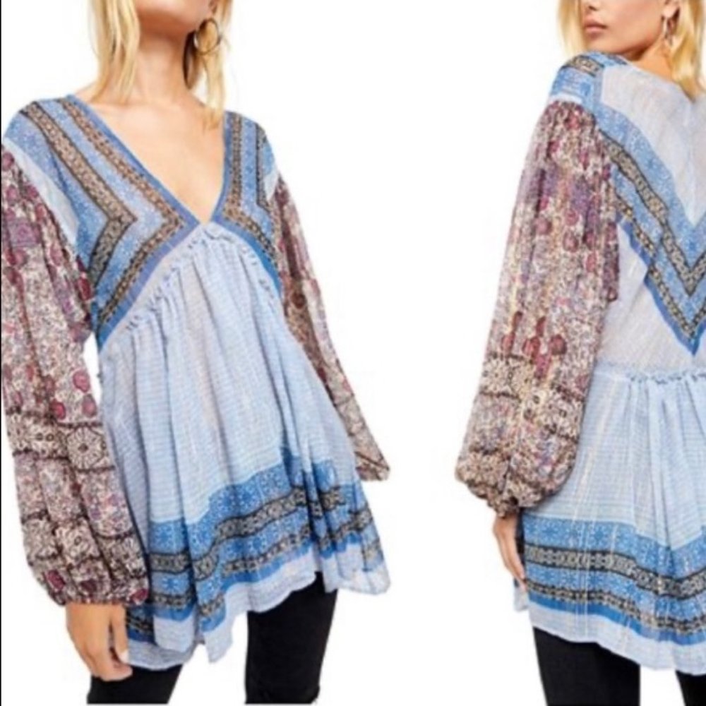 Free People Women's Blue Aliyah Print Tunic Sz L